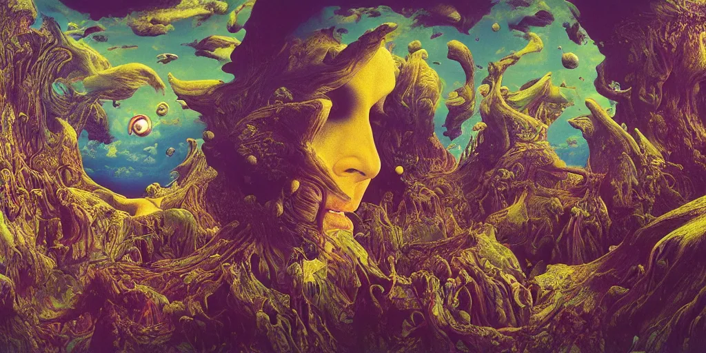 Prompt: ultrawide angle colour masterpiece surreal closeup portrait photography of surrealism by annie leibovitz and michael cheval, incredible sense of depth and perspective and clarity, weird surreal epic psychedelic complex biomorphic 3 d fractal landscape in background by kilian eng and roger dean and giger and salvador dali and beksinski, 8 k