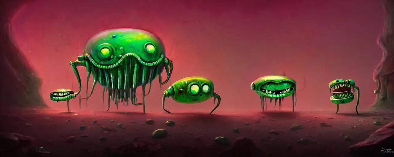 Image similar to wild whimsical plankton mutants from the depths of a wasteland deep in the imaginal realm, dramatic lighting, surreal fleischer cartoon characters, shallow dof, surreal painting by ronny khalil