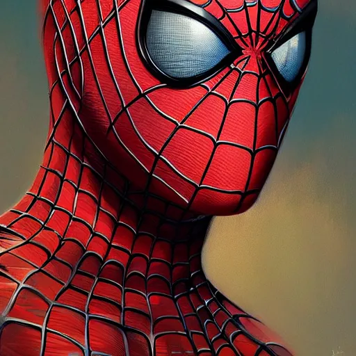 Image similar to Beautiful portrait of spiderman, wide angle, intricate, wild, highly detailed, digital painting, artstation, concept art, smooth, sharp focus, illustration, art by artgerm and greg rutkowski and alphonse mucha - W 768