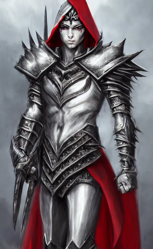 Image similar to A male elf, 20 years old, short silver hair, red eyes, wearing a spiked black metal crown, black heavy armor with gold trim, and a red cape, lean but muscular, attractive, command presence, royalty, weathered face, smooth, sharp focus, illustration, concept art, highly detailed, muscle definition, fantasy paitning, ArtStation, ArtStation HQ