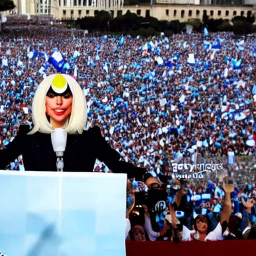 Image similar to Lady Gaga as president, Argentina presidential rally, Argentine flags behind, bokeh, giving a speech, detailed face, Argentina