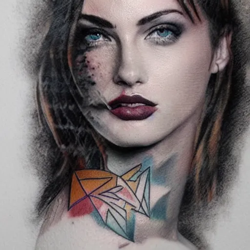 Image similar to realistic tattoo sketch of a beautiful woman face double exposure with a mountain scenery