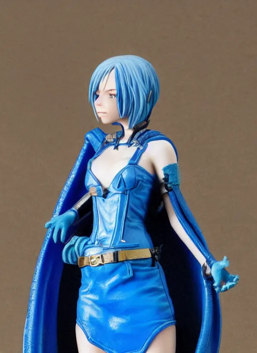 Image similar to 80mm resin detailed miniature of a female alchemist with short blue hair wearing a short dress, white stockings, leather boots and cape, Product Introduction Photos, 4K, Full body