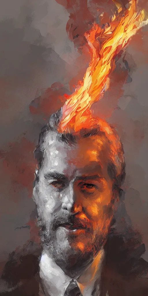 Prompt: abstract painting of hansome bearded man on fire, by craig mullins, featured on artstation. Portrait.