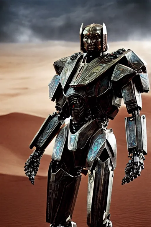 Image similar to cinematic still in dune movie and pacific rim movie and ps 5 game machine warrior 5, intricate ornate humanoid mecha warrior,