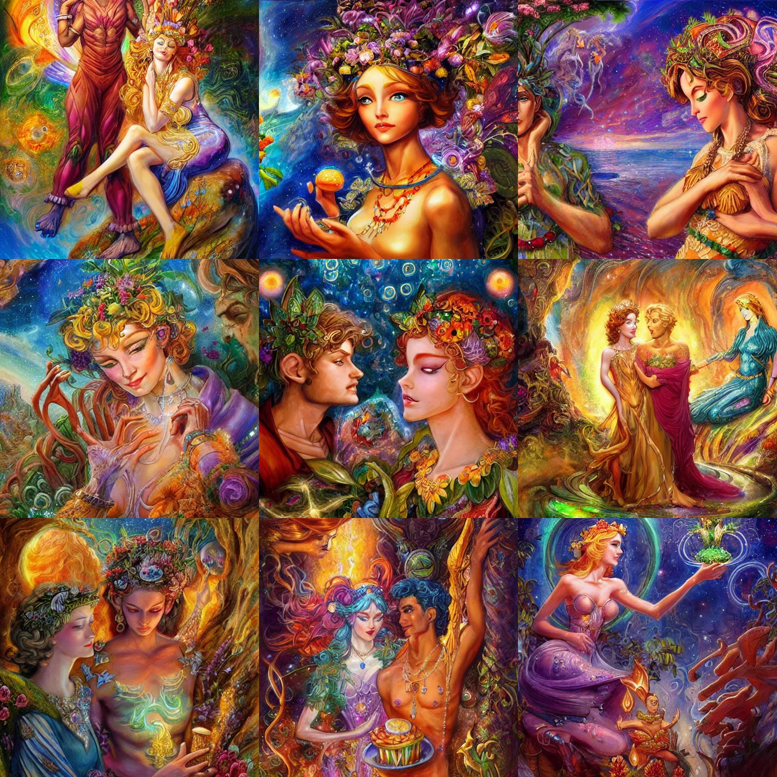 Prompt: a nature goddess and space god hanging out at mcdonald's by senior concept artist josephine wall trending on artstation