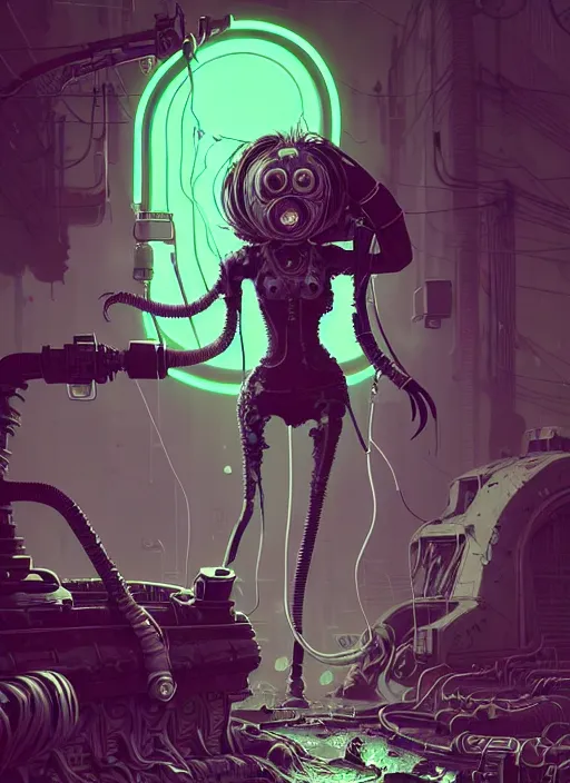 Prompt: highly detailed portrait of an moody wasteland punk long dripping green poison hair tribal lady, stray wiring by atey ghailan, james gilleard, by joe fenton, by greg rutkowski, by greg tocchini, by kaethe butcher, 4 k resolution, gradient purple, brown black and white color scheme!!! ( ( green flaming robotic sewer background ) )
