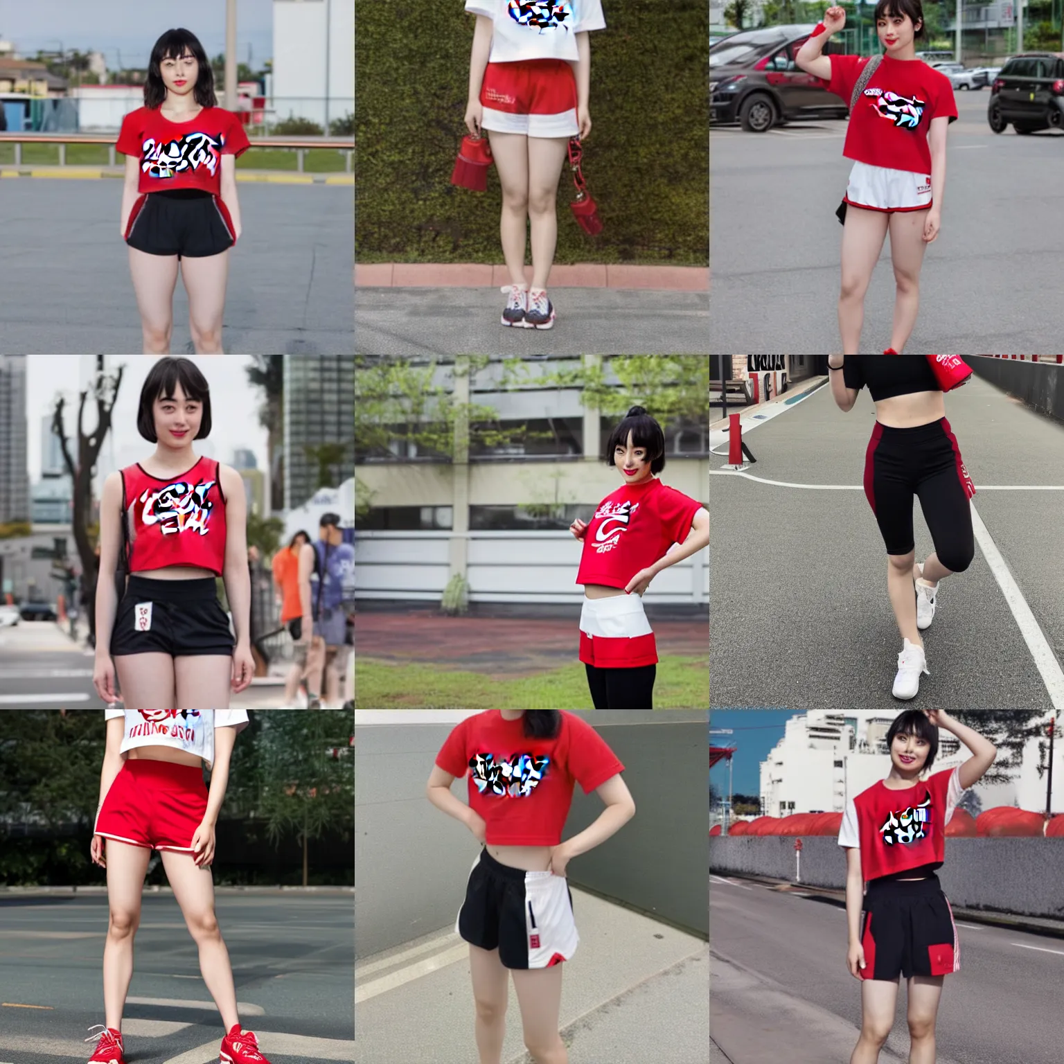Prompt: suzu Hirose wearing crop red Coca Cola gym top with white Lettering, cropped red yoga short, photograph