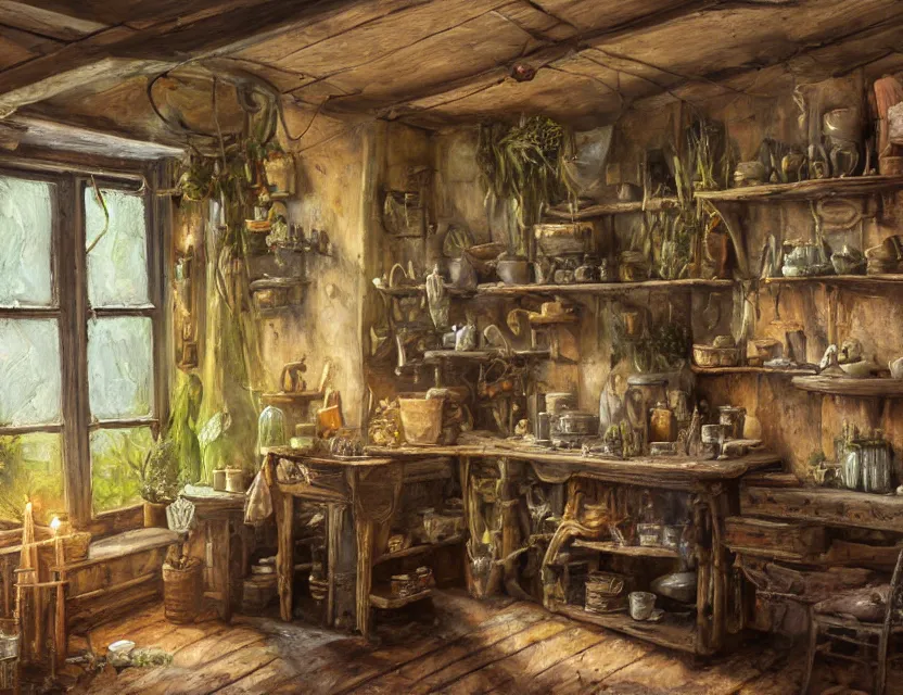 Prompt: expressive rustic oil painting, interior view of a [[cluttered]] herbalist cottage, waxy candles, burning herbs hazy, dried herbs, cabinets, wood furnishings, herbs hanging, wood chair, light bloom, dust, ambient occlusion, morning, rays of light coming through windows, dim lighting, brush strokes oil painting