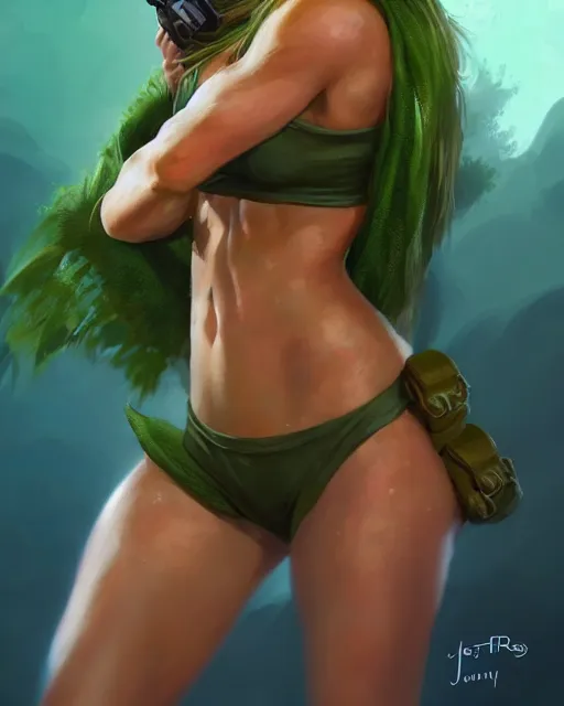 Image similar to play of the game of cammy wearing green bikini, perfect face, brown hair, abs, cinematic, stunning, cute, adorable, strong, highly detailed, psychedelic, digital painting, artstation, smooth, hard focus, illustration, art by jessica rossier and and brian froud