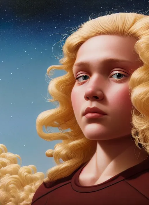 Image similar to highly detailed closeup portrait young plejaden woman with wavy blonde hair in a retro spaceship with large windows, stephen bliss, unreal engine, greg rutkowski, ilya kuvshinov, ross draws, hyung tae and frank frazetta, tom bagshaw, tom whalen, nicoletta ceccoli, mark ryden, earl norem, global illumination, god rays, detailed and intricate environment