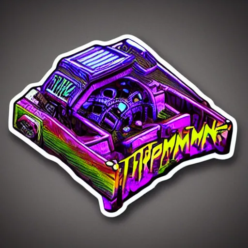 Image similar to sticker of a rock band, name is tripmachine, on the sticker is a 3 d render of a huge futuristic steampunk generator, 8 k, fluorescent colors, halluzinogenic, multicolored, exaggerated detailed, silk screen art