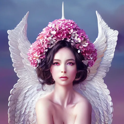 Image similar to expressive full body photo of sophia lauren as beautiful angel, smooth glowing skin, ornate headpiece made from pink flowers, glamour shot, by yoshitaka amano, by greg rutkowski, by jeremyg lipkinng, by artgerm, digital art, octane render, unreal engine, photorealistic, canon r 3, fashion photography