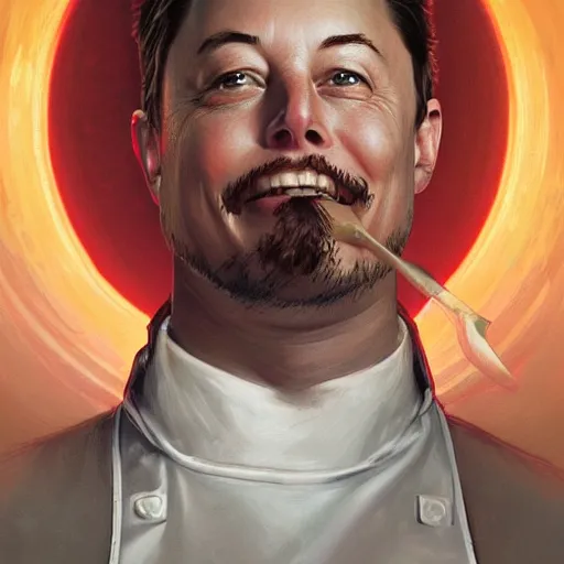 Image similar to portrait of Elon Musk as a cook, accurate, intricate, headshot, highly detailed, digital painting, artstation, concept art, sharp focus, illustration, art by artgerm and greg rutkowski and alphonse mucha