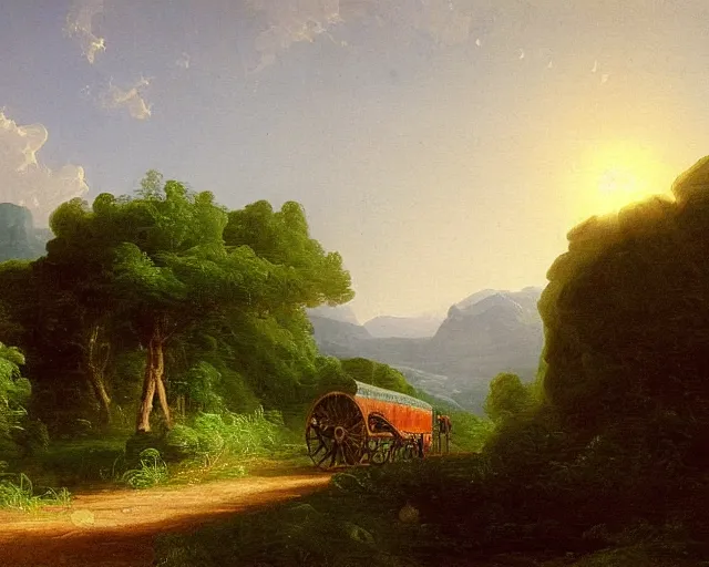 Prompt: a painting of a covered wagon traveling down a road, lush countryside, early morning, masterpiece by thomas cole
