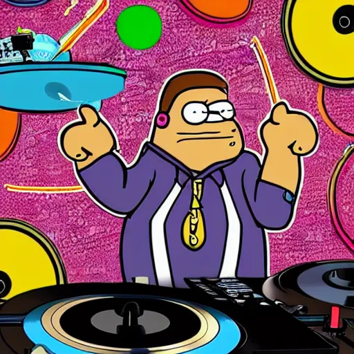 Image similar to svg sticker of a Family-Guy Peter-Griffin at a rave, spinning records, giant headphones rocking out, wearing headphones, huge speakers, dancing, rave, DJ, spinning records, digital art, amazing composition, rule-of-thirds, award-winning, trending on artstation, featured on deviantart