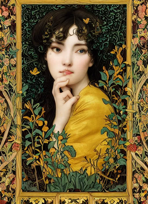 Image similar to masterpiece beautiful seductive flowing curves preraphaelite face portrait photography, extreme close up shot, straight bangs, thick set features, yellow ochre ornate medieval dress, miho hirano, amongst foliage mushroom forest circle arch, william morris and kilian eng and mucha, framed, 4 k