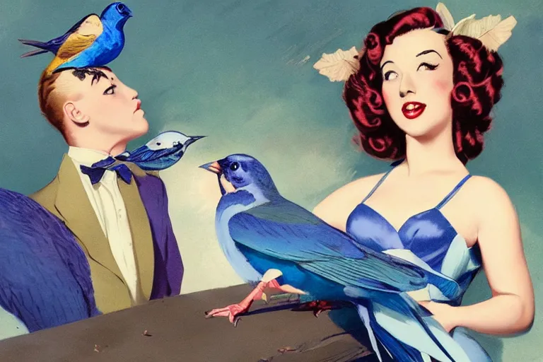 Image similar to pinup girl holding an indigo bunting, bird, the bird is wearing a bowtie, by greg rutkowski, rossdraws, gil elvgren, enoch bolles, anime, porcelain skin, very coherent