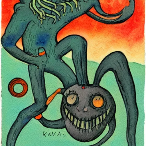 Prompt: nyarlathotep vintage halloween postcard, watercolor postcard, alice and martin provensen illustration