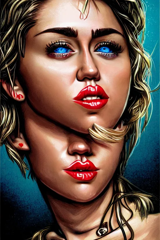 Prompt: closeup portrait of sexy miley cyrus with long hair, drawn by robbie trevino, rembrandt and dan mumford, poster, digital art, comic art, concept art,, single head, no double head,