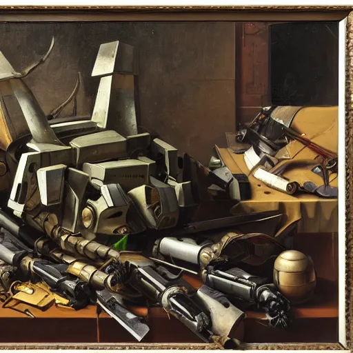 Image similar to Still life of a combat mech surrounded by its weapons, inspired by Pieter Claesz