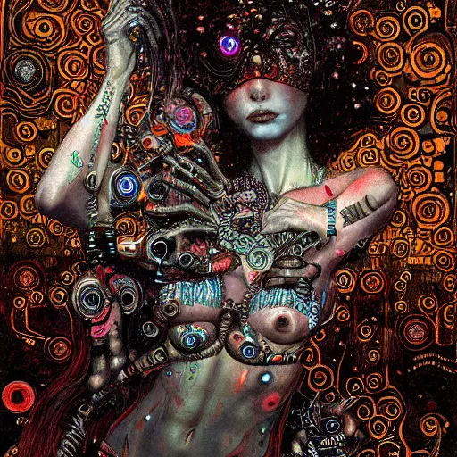 Image similar to cybernetic demon dreaming, lsd, circuitry, intricate detail, klimt, royo,