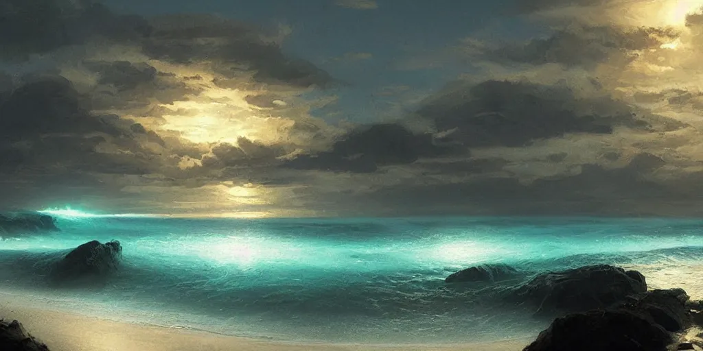 Prompt: bioluminescent!!!! ocean with pristine beach by night, greg rutkowski, 8 k, shallow depth of field, intricate detail, concept art,