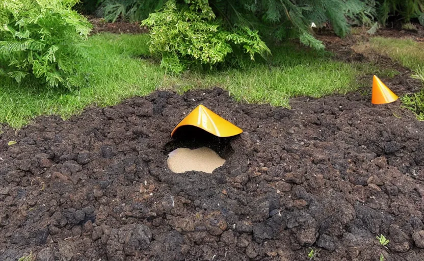 Prompt: miniature cone volcano erupting with streams of lava in a suburban yard, ground level