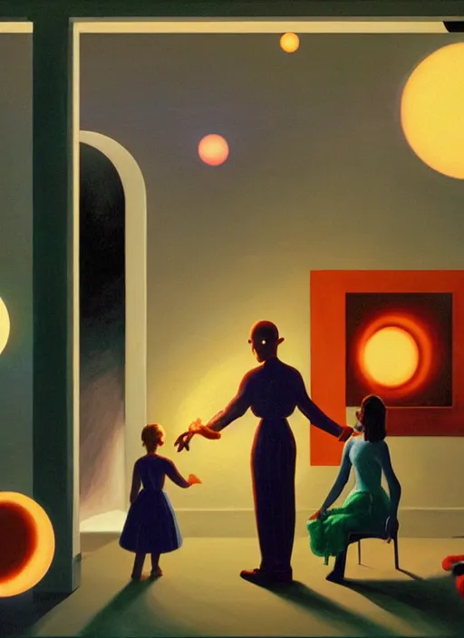 Image similar to painting of a costumed family being shown how to open portals by a large glowing alien in their suburban living room maze, designed by gucci, energetic glowing orbs in the air, in the style of edward hopper and james jean