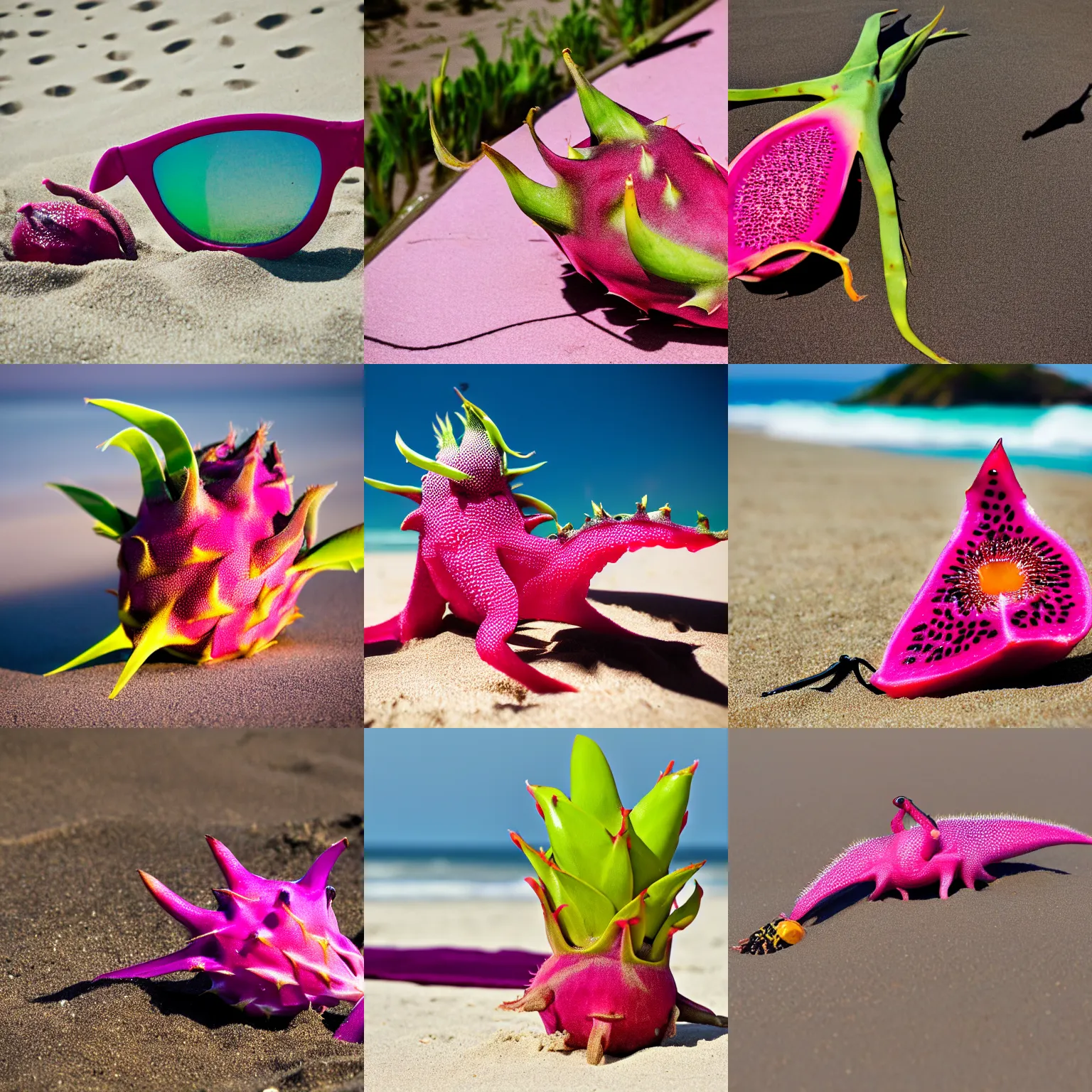 Prompt: 5 5 mm photograph of a cool dragonfruit with sunglasses, on the beach, wearing a thong