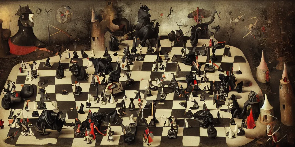 Prompt: chess game, chess, black square, white square, gameplay in style of hieronymus bosch paintings, painting, gameplay, high detailed, dark fantasy, dark tones, armored units, high detailed, contrast, octane render, mill, farm, creative