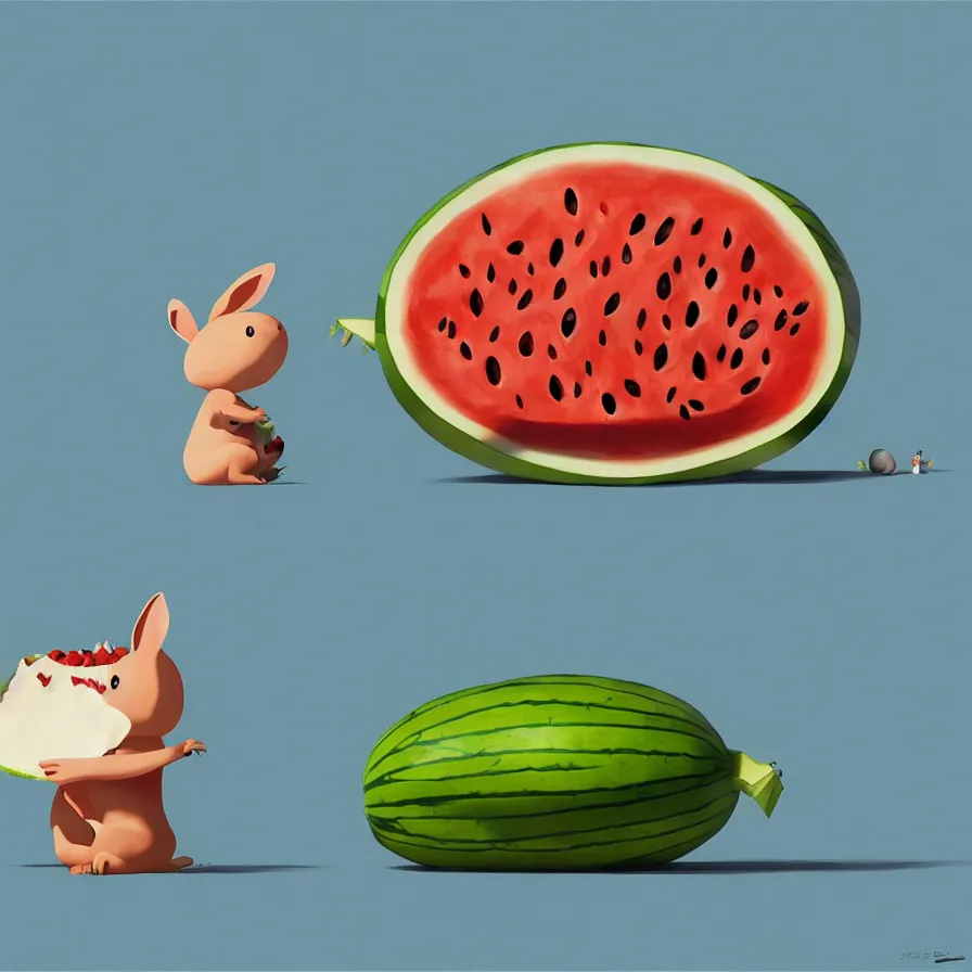 Image similar to Goro Fujita illustrating a rabbit eating a giant watermelon, art by Goro Fujita, sharp focus, highly detailed, ArtStation