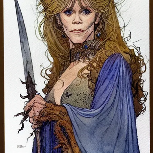 Image similar to a realistic and atmospheric watercolour fantasy character concept art portrait of jane fonda in her 2 0 s as a druidic warrior wizard looking at the camera with an intelligent gaze by rebecca guay, michael kaluta, charles vess and jean moebius giraud