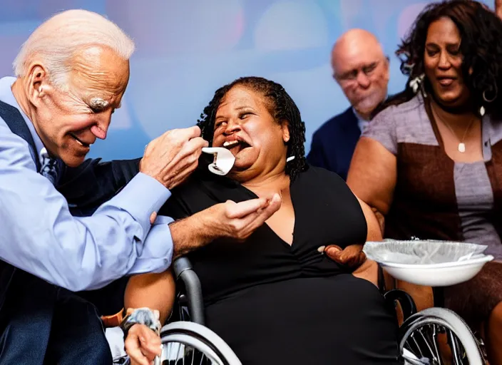 Prompt: Biden in a wheelchair getting spoon-fed by obese black woman, award winning cinematic photography, 50 mm, blurred background, trending on twitter