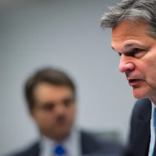 Image similar to fbi director Christopher wray getting scolded by a judge, photo 85mm, f/1.3