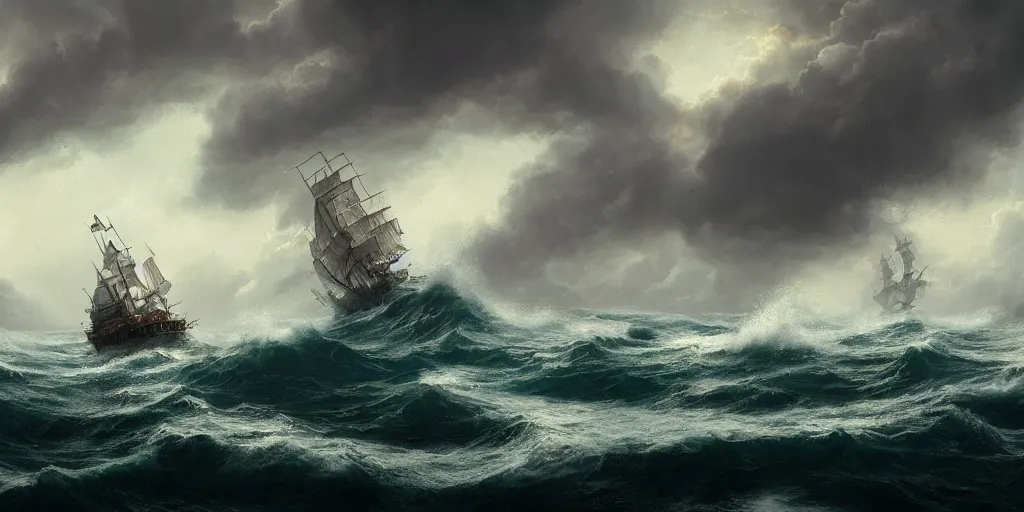 Prompt: Pirate vessel sailing on wild ocean waters during a thunderstorm, crashing waves, 4k, cozy wallpaper, trending on Artstation, award-winning, art by Greg Rutkowski