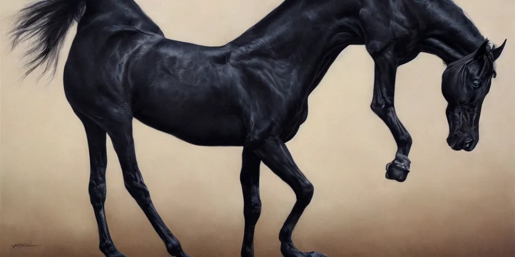 Prompt: a black horse with eight legs and lightning for eyes, majestic, powerful, extreme detail, fine art, oil painting