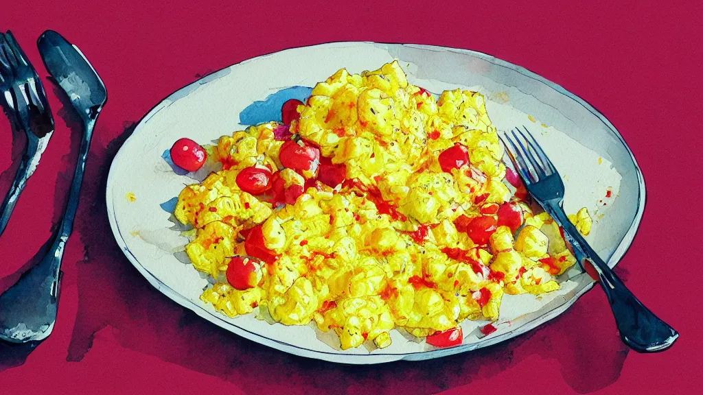 Prompt: delicious scrambled egg, kseniia yeromenko, rob duenas, watercolor, illustration, red background, highly detailed