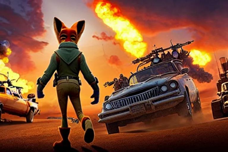 Image similar to nick wilde ( from zootopia ), heavily armed and armored facing down armageddon in a dark and gritty reboot from the makers of mad max : fury road