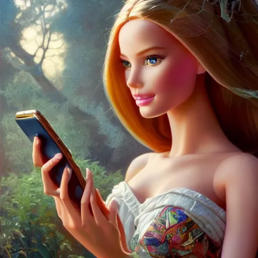 Prompt: a beautiful portrait of barbie looking at her cell phone ; ultra realistic, concept art, intricate details, stunning model, highly detailed, photorealistic, octane render, 8 k, unreal engine. art by artgerm and greg rutkowski and charlie bowater and magali villeneuve and alphonse mucha