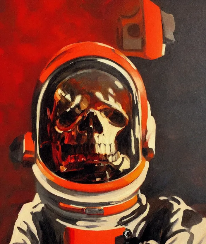 Image similar to a portrait of an astronaut with a skull head, highly detailed oil painting by josep tapiro baro and edward hopper, trending on artstation, oil painting masterpiece, mysterious, very aesthetic, cinematic and dramatic red light, 4 k,