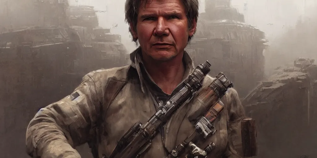 Image similar to a highly detailed epic cinematic concept art CG render digital painting artwork: one Soviet dieselpunk Han Solo played by Harrison Ford directed by David Fincher. By Greg Rutkowski, Ilya Kuvshinov, WLOP, Stanley Artgerm Lau, Ruan Jia and Fenghua Zhong, trending on ArtStation, subtle muted cinematic colors, made in Maya, Blender and Photoshop, octane render, excellent composition, cinematic atmosphere, dynamic dramatic cinematic lighting, precise correct anatomy, aesthetic, very inspirational, arthouse