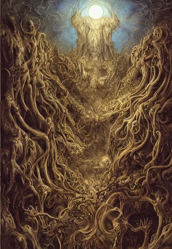 Prompt: simplicity muscular eldritch demons radiating town fractal, by h. r. giger and esao andrews and maria sibylla merian eugene delacroix, gustave dore, thomas moran, pop art, chiaroscuro, biopunk, art nouveau