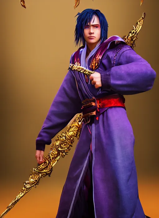 Image similar to An epic fantasy comic book style portrait painting of teenager boy with straight indigo hair, purple eyes with red eye markers, slim body, wearing a detailed Japanese kimono with golden armpieces, holding a pair of fans. Unreal 5, DAZ, hyperrealistic, octane render, cosplay, RPG portrait, dynamic lighting