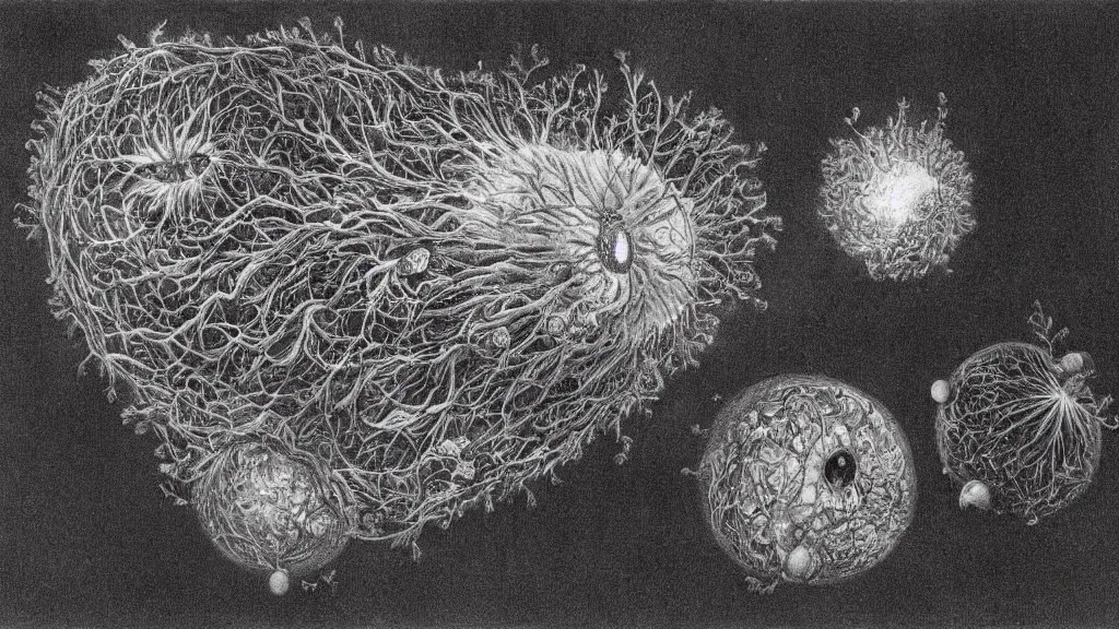 Prompt: a beautiful dreamy painting of a coronavirus inside a growing high-resolution television screen, dark, sinister, detailed, art by M.C. Escher