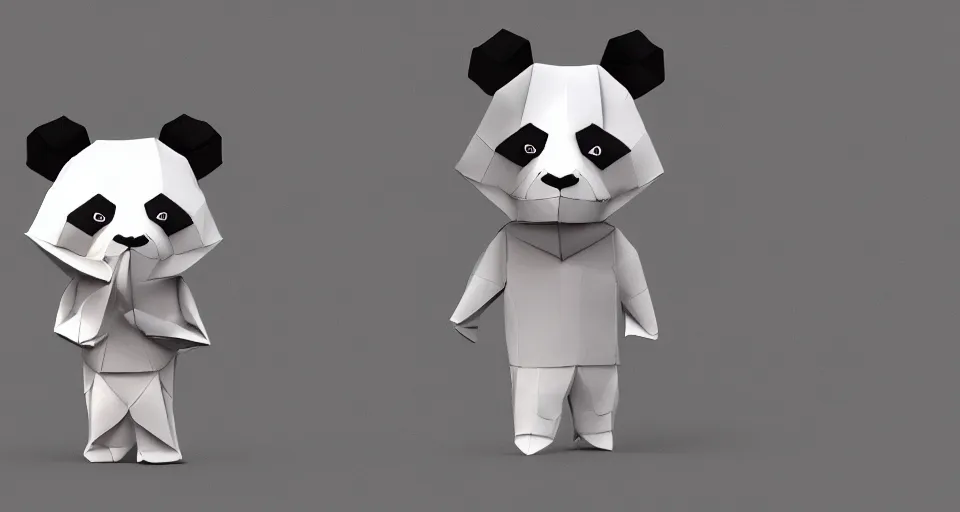 Prompt: realistic full body seen of one big cute chibi panda made of origami, intricate details, origami studio 3 design, toon boom render