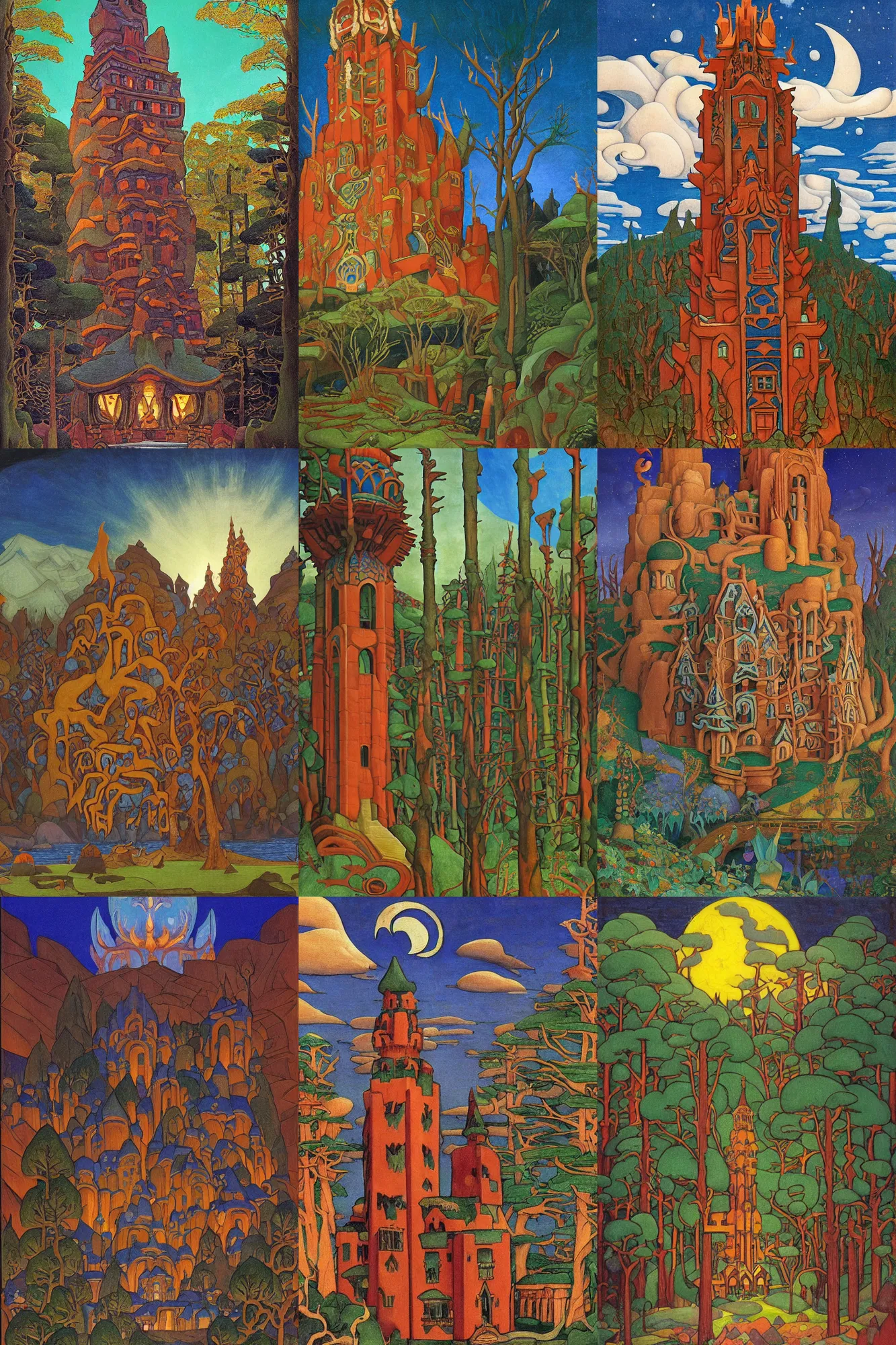 Prompt: enchanted forest tower, dramatic cinematic lighting, folk-art carved painted wood architecture, rich colors, by Nicholas Roerich and William Dyce and ford madox brown and April Gornik and Caspar David Friedrich and Diego Rivera and Tyler Edlin and Ivan Bilibin