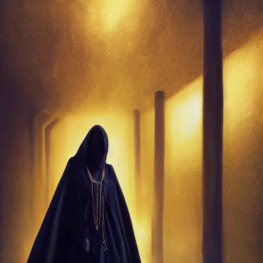 Prompt: a portrait of a young woman wearing a long dark cloak, hood and shadows covering face, holding golden chains, oil painting, matte painting, black background, Volumetric Golden dappled dynamic lighting, Highly Detailed, Cinematic Lighting, Unreal Engine, 8k, HD, by Beksinski