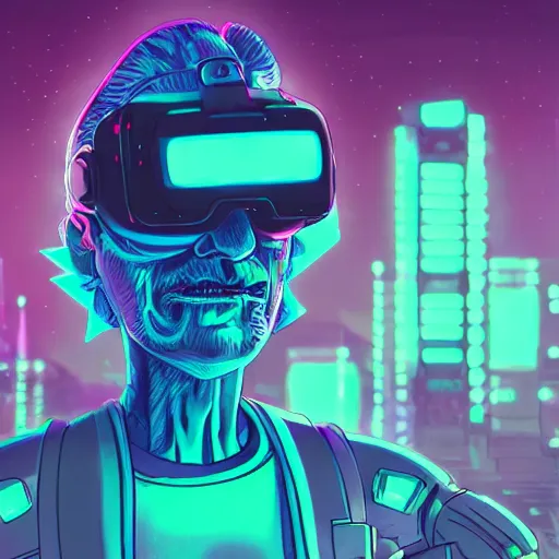 Image similar to cyberpunk rick and morty bot, cinema 4 d, galaxy space sci - fi, wearing vr goggles, illustration, portrait, pastel neon textured background night, trending on artstation, greg rutkowski, octane rendered, 1 2 k, detailed,