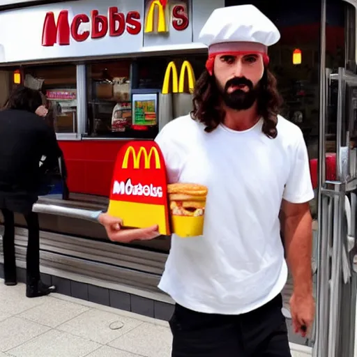 Prompt: Paparazzi photo of Jesus Christ working at Mcdonalds